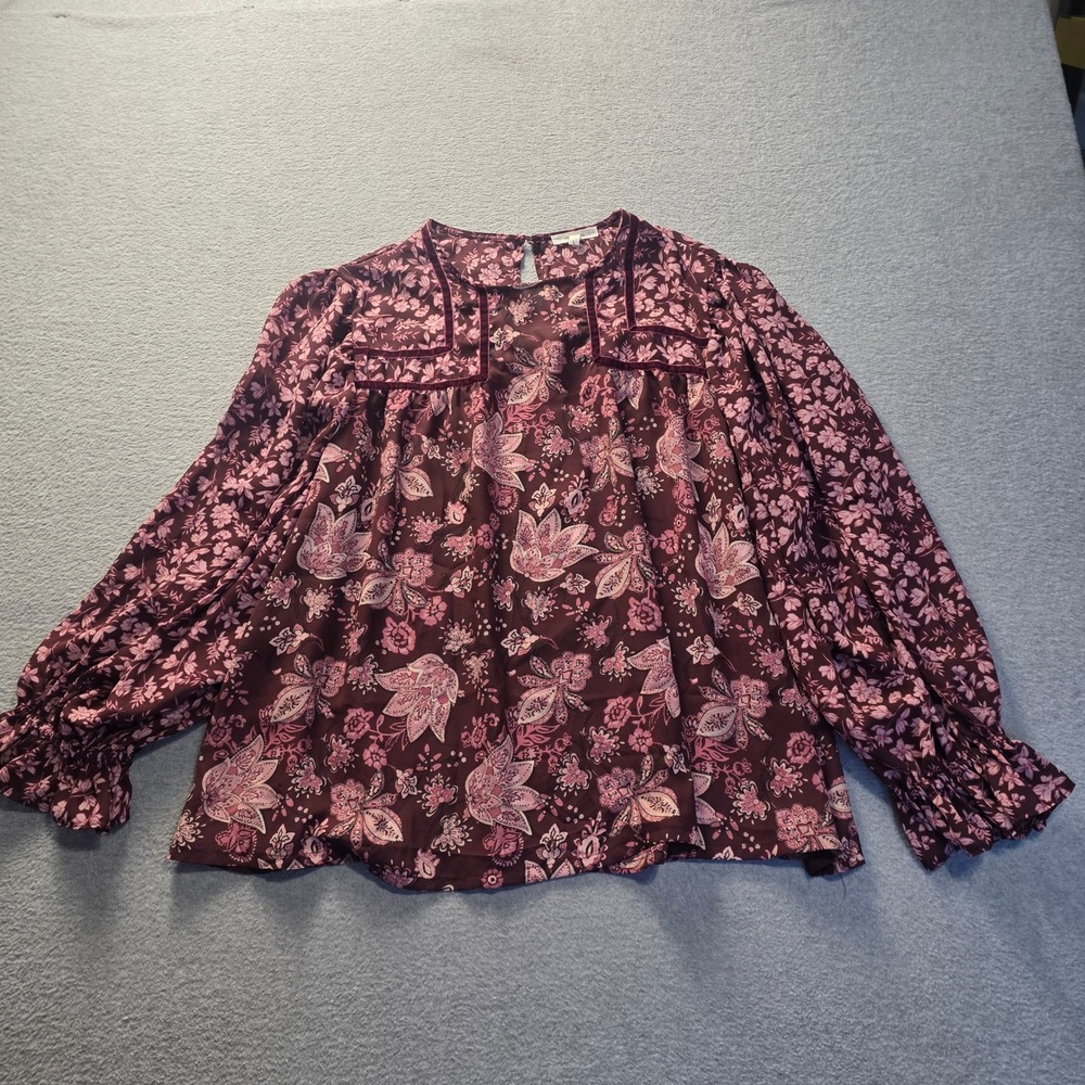 Maurices Paisley Boho Peasant Blouse Womens L Burgundy Floral Long Sleeve Top